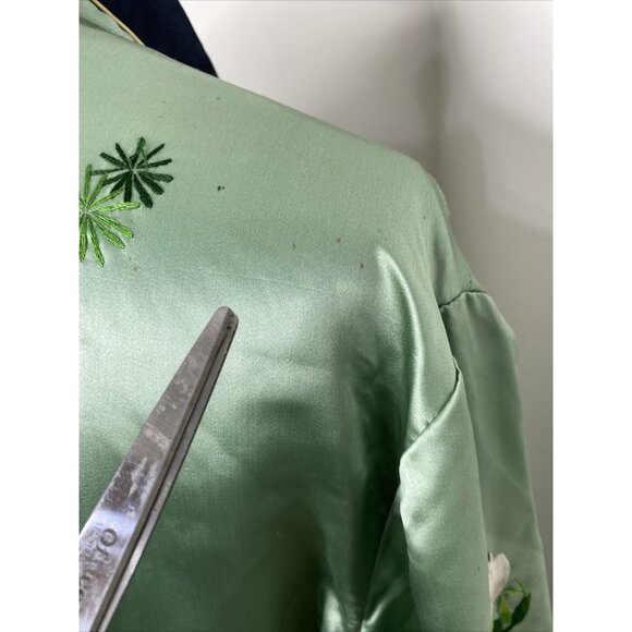 Vintage 100% Silk Kimono Robe Light Green Black XXL Embroidered Bird Floral Leaf - Picture 12 of 16